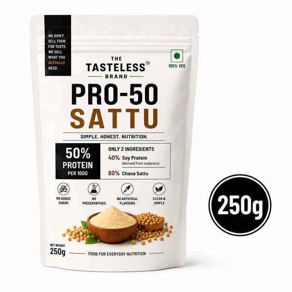 A stand-up pouch of The Taste Brand Pro-50 Sattu protein powder on a white background, with a black circular badge at right reading 250g. The package is white with black and brown text, soybean imagery, and a black top seal.