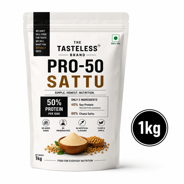 A 1kg stand-up pouch of The Tasteless Brand Pro-50 Sattu soy protein powder on a white background, with a black circular '1kg' badge overlay on the right.