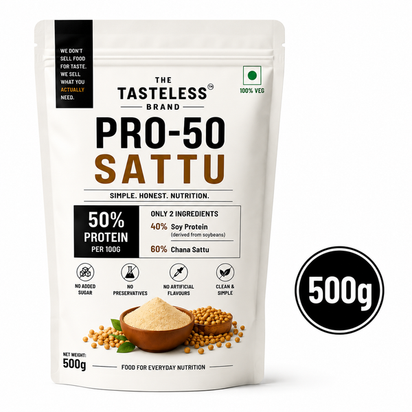 A stand-up pouch of The Tasteless Brand Pro-50 Sattu in 500g packaging, shown on a white background with a black circular badge overlay reading 500g.