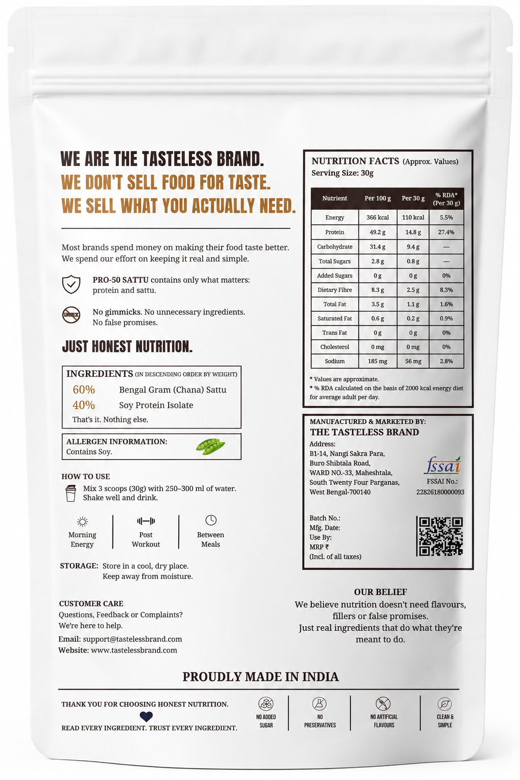 Back of PRO-50 Sattu pouch showing nutrition facts and ingredient list