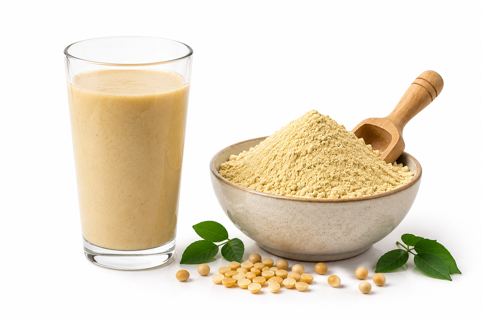 Prepared PRO-50 Sattu drink in a glass and Fine PRO-50 Sattu powder in a scoop