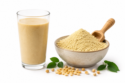 Prepared PRO-50 Sattu drink in a glass and Fine PRO-50 Sattu powder in a scoop