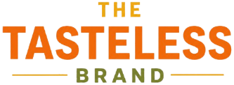 The Tasteless Brand logo featuring the words 'THE TASTELESS BRAND' in orange and olive green text on a solid white background.